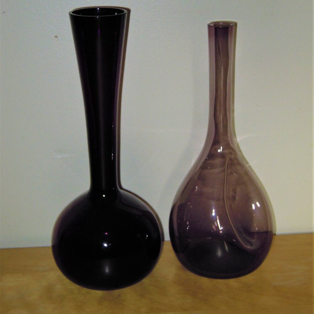 2 Purple Amethyst Pinched Dimple Indent Art Glass Vase MCM Sweden Denmark? Vtg